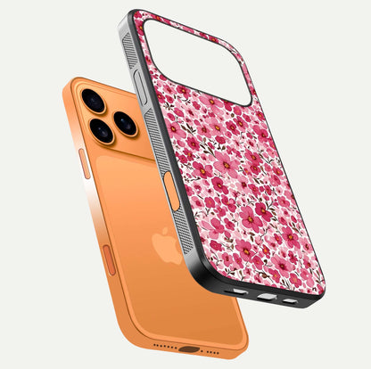 Cherry Blossom Charm Glass Case for iPhone 17 Pro Max floating mockup displaying pink tone flow and polished edges