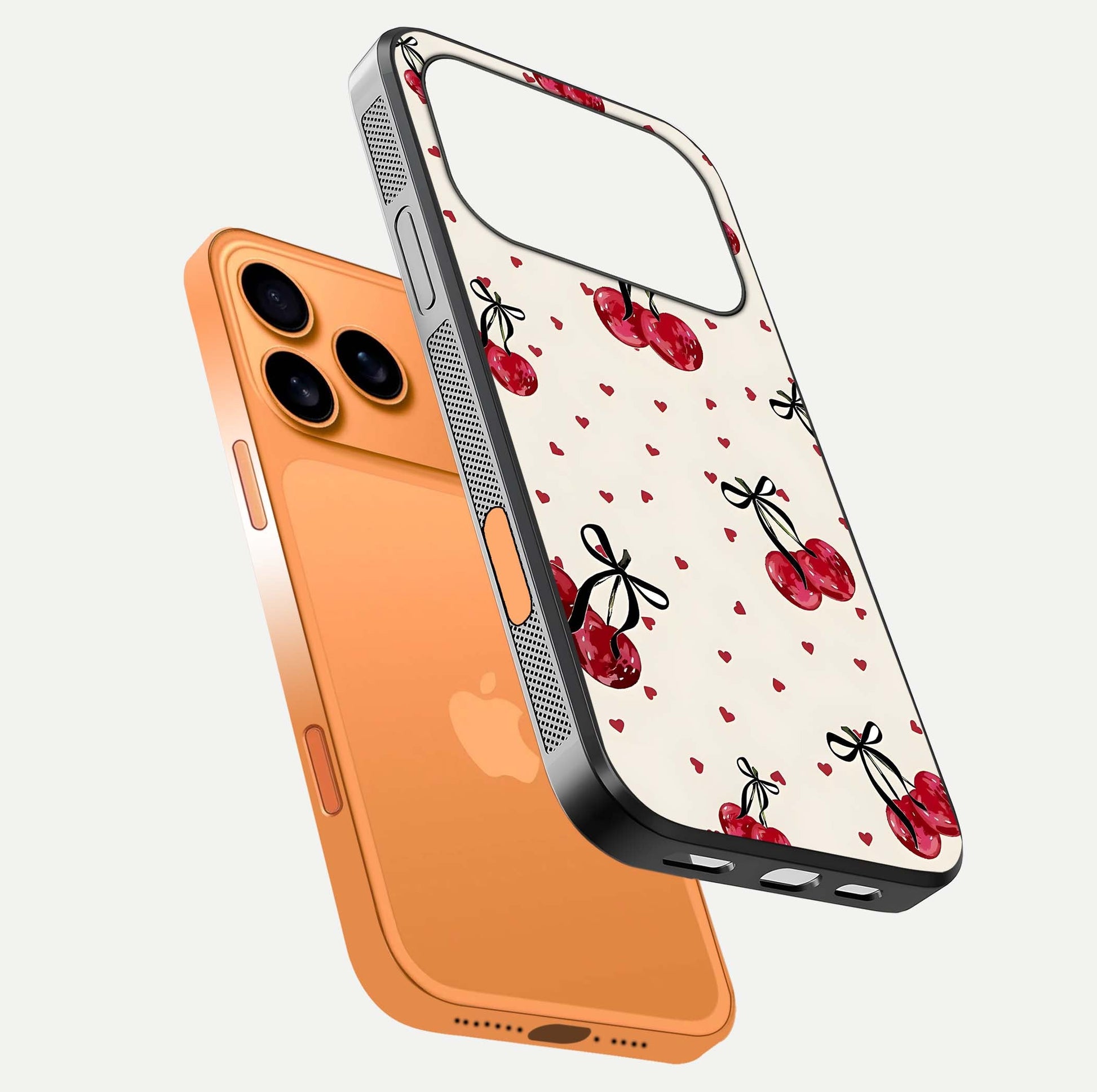 Cherry Heart Bow Glass Case for iPhone 17 Pro Max floating mockup showing reflection and HD print detail