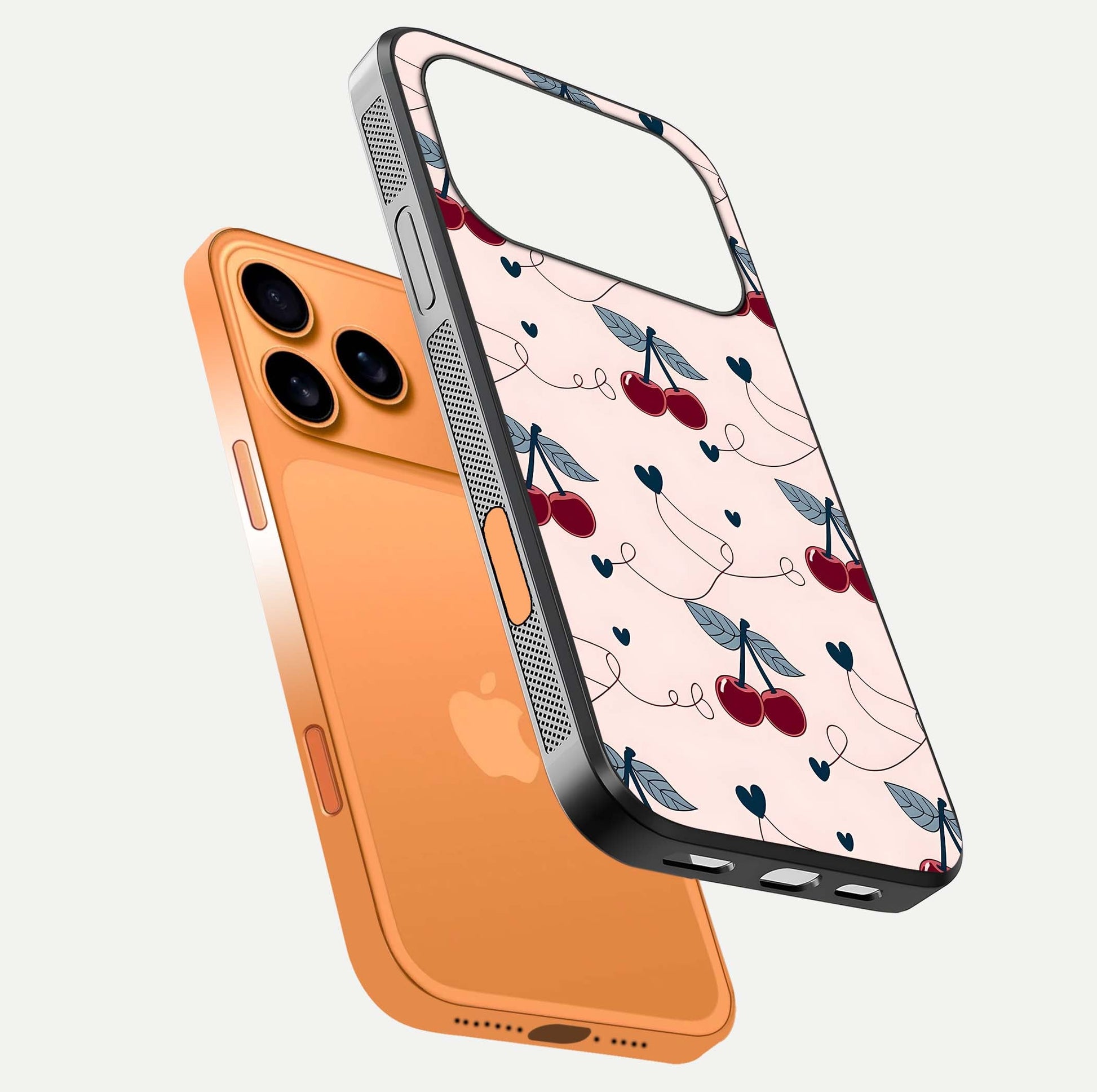 Cherry Heart Line Glass Case for iPhone 17 Pro Max floating mockup showing gloss polish and bright tones