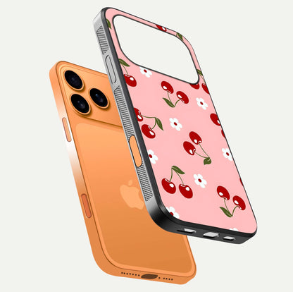 Cherry Love Mood Glass Case for iPhone 17 Pro Max floating mockup showing HD gloss reflection and red tones