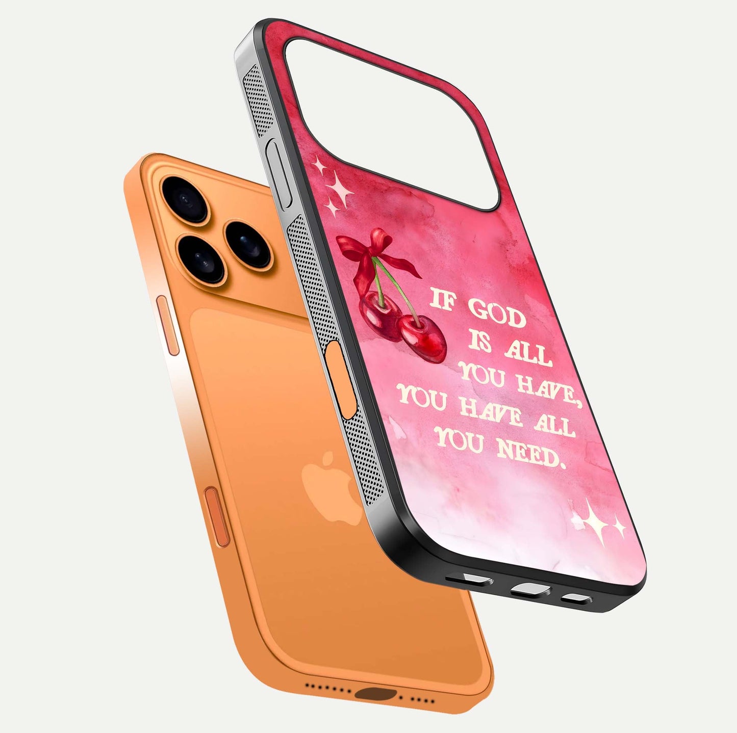 Cherry Quote Glass Case for iPhone 17 Pro Max floating mockup capturing shine texture and clear typography