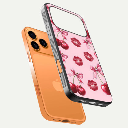 Cherry With Lips Glass Case for iPhone 17 Pro Max floating mockup showing HD gloss and pop-art inspired tones