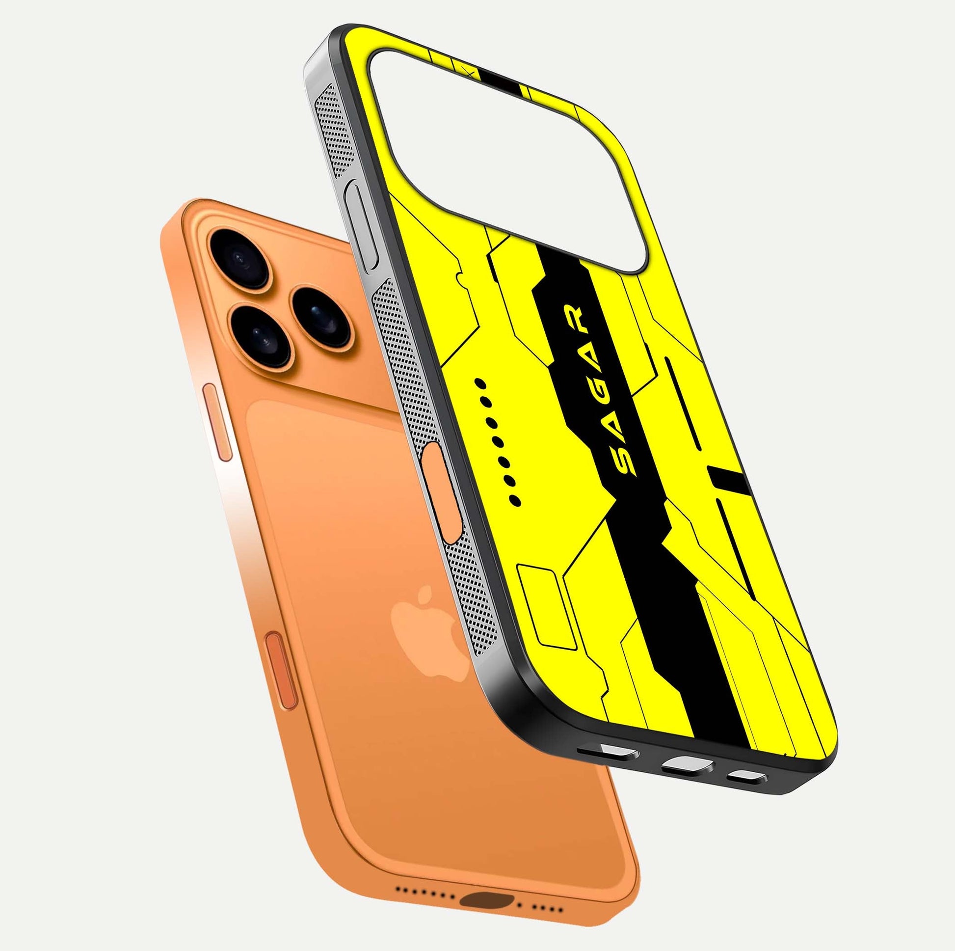 Circuit CYBERPUNK Custom Name Glass Case for iPhone 17 Pro Max floating mockup capturing glow effects and polished shine