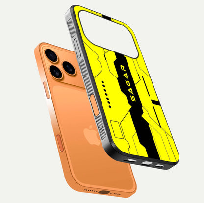 Circuit CYBERPUNK Custom Name Glass Case for iPhone 17 Pro Max floating mockup capturing glow effects and polished shine