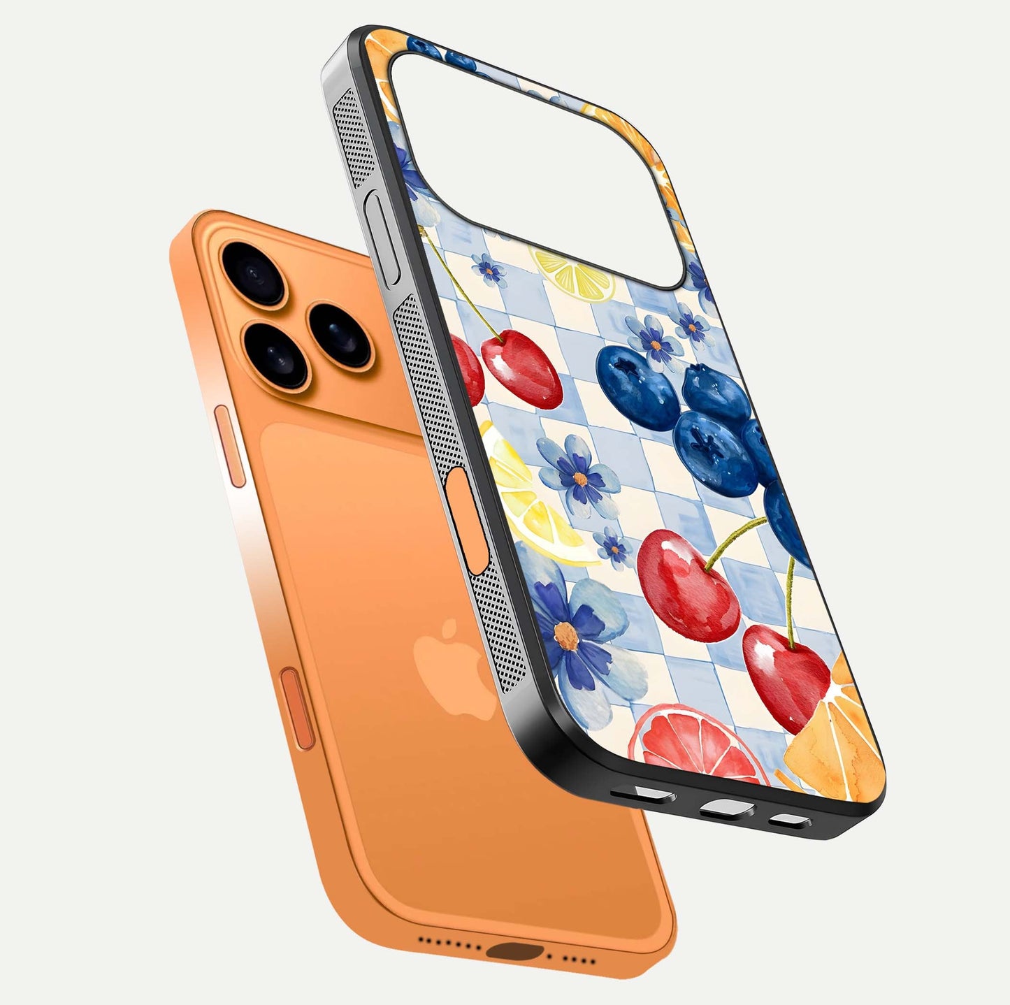 Citrus Bloom Joy Glass Case for iPhone 17 Pro Max floating mockup showing HD gloss and lively tone