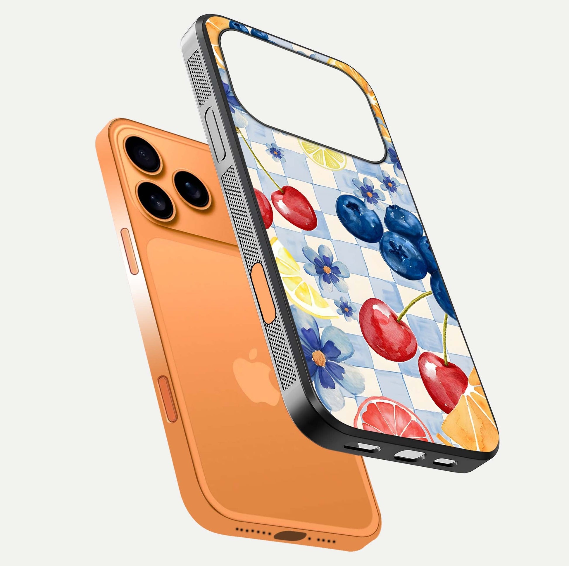 Citrus Bloom Joy Glass Case for iPhone 17 Pro Max floating mockup showing HD gloss and lively tone