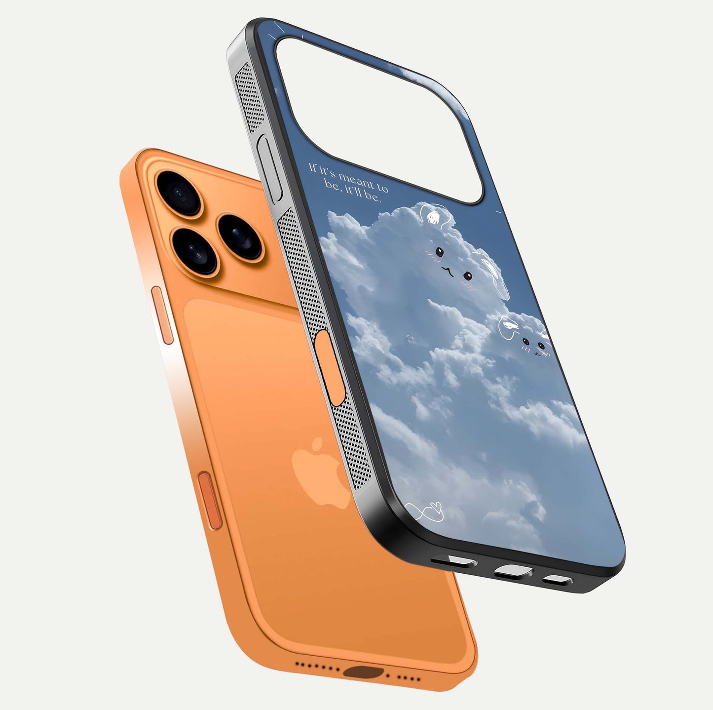 Cloud Bunny Dreams Glass Case for iPhone 17 Pro Max floating mockup showing soft gradient and gloss reflection