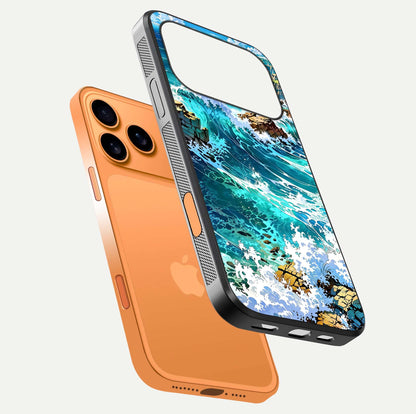 Coastal Blue Waves Glass Case for iPhone 17 Pro Max floating mockup showing HD reflection and wave details