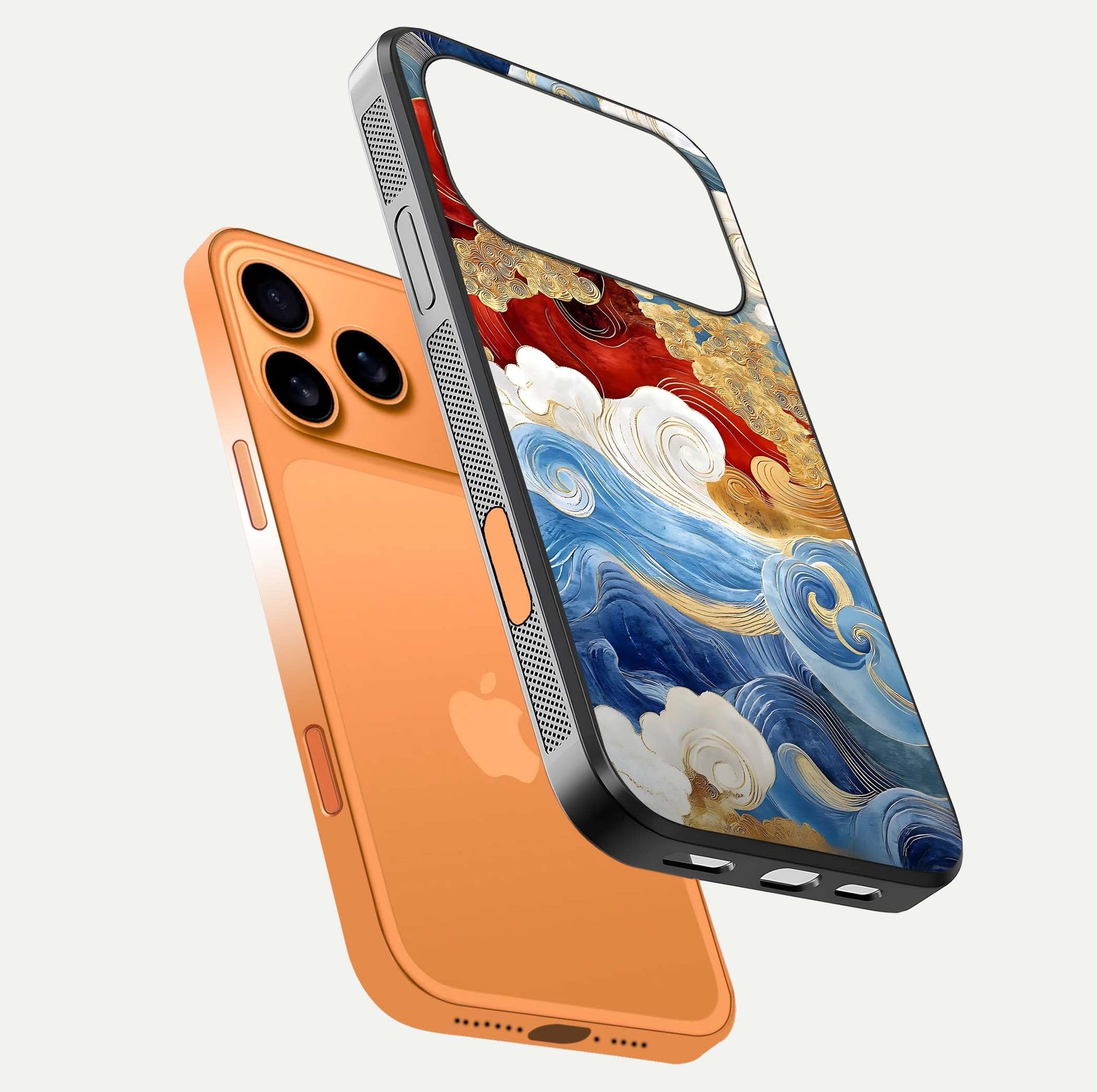Colored Waves Glass Case for iPhone 17 Pro Max floating dual-view mockup displaying gloss finish and color contrast