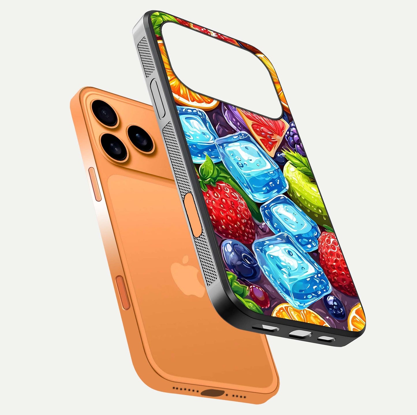 Colorful Fruits with Ice Glass Case for iPhone 17 Pro Max floating mockup showing bright shine and crystal clarity