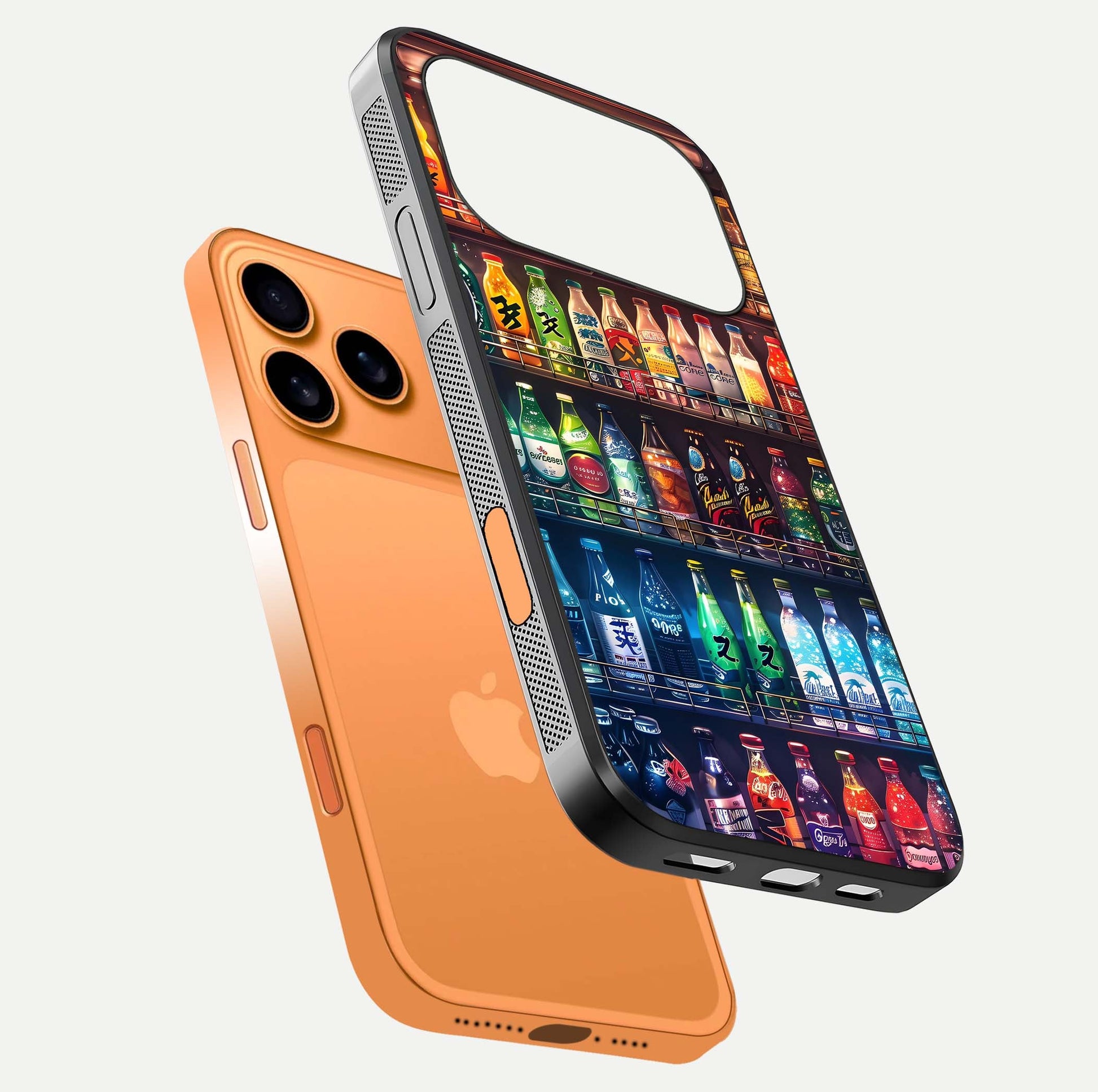 Colorful Soda Bottles Glass Case for iPhone 17 Pro Max floating mockup showing light reflection and bright gloss