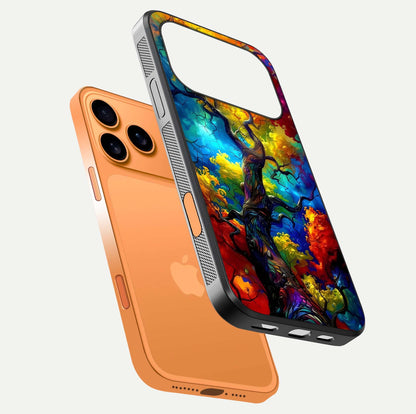 Colorful Tree Glass Case for iPhone 17 Pro Max floating mockup showing reflection gloss and vivid hues