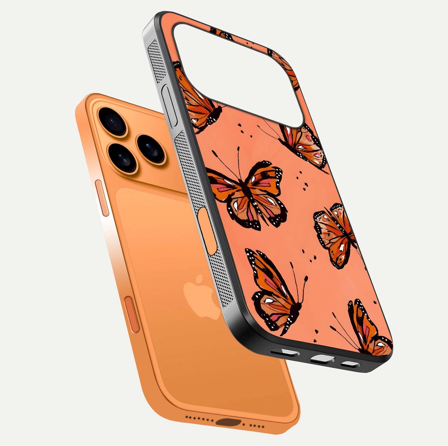 Coral Wing Butterfly Glass Case for iPhone 17 Pro Max floating mockup showing HD gloss texture and vivid coral color