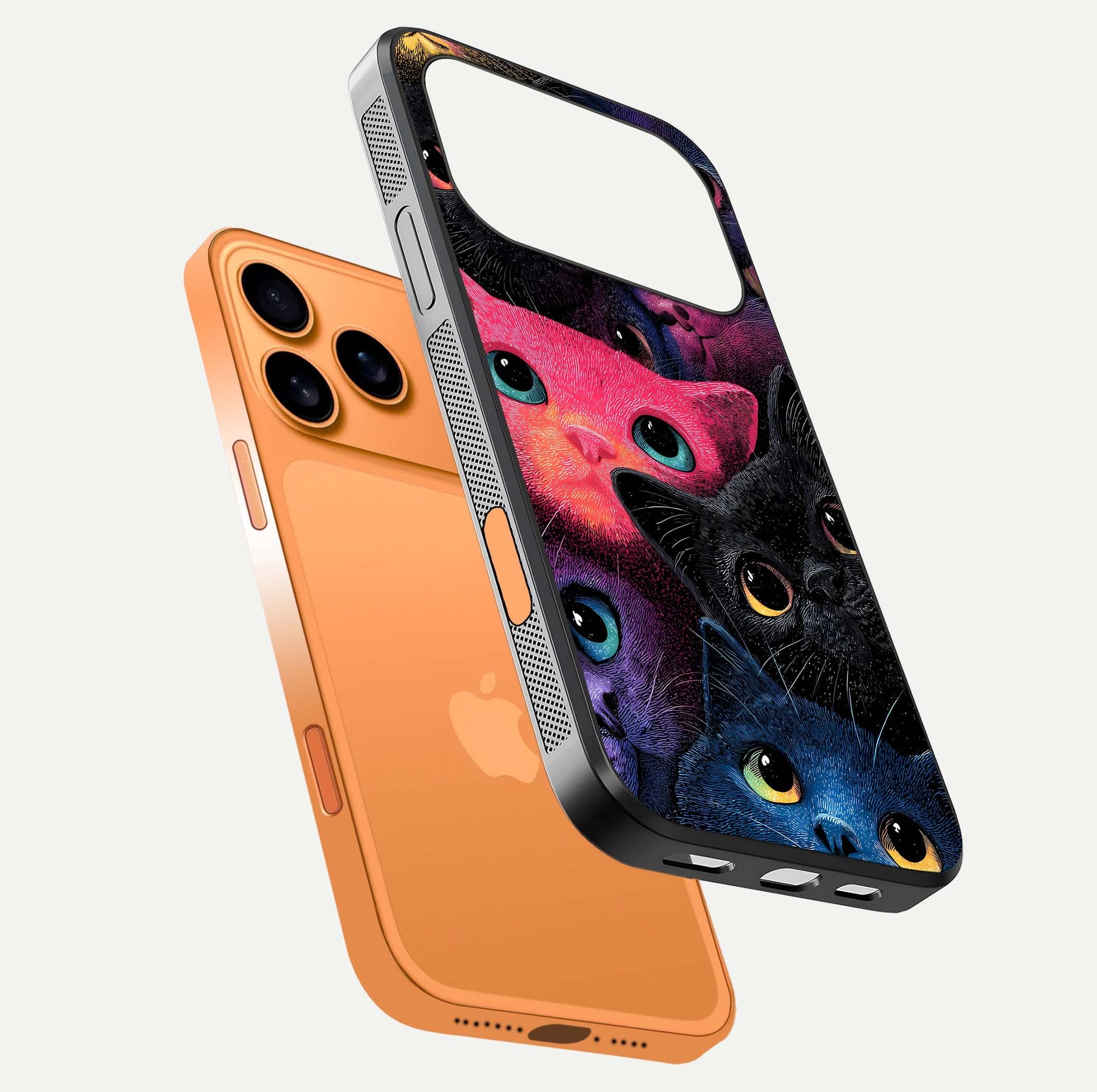 Cosmic Cats Dreams Glass Case for iPhone 17 Pro Max floating mockup showing star details and polish reflection