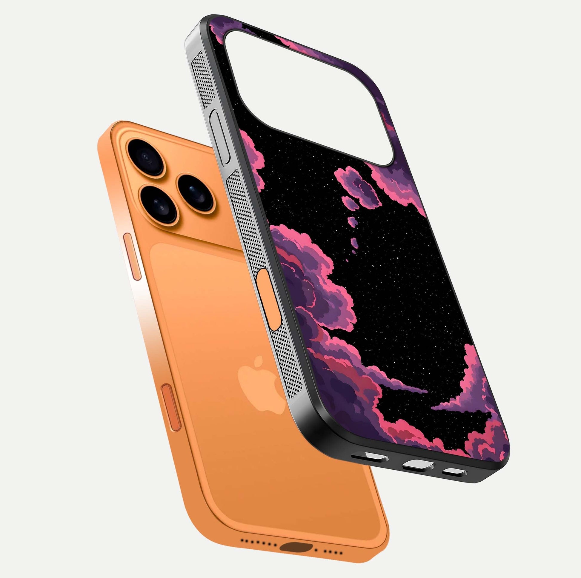 Cosmic Cloud Journey Glass Case for iPhone 17 Pro Max floating mockup showing HD gloss and cosmic gradient