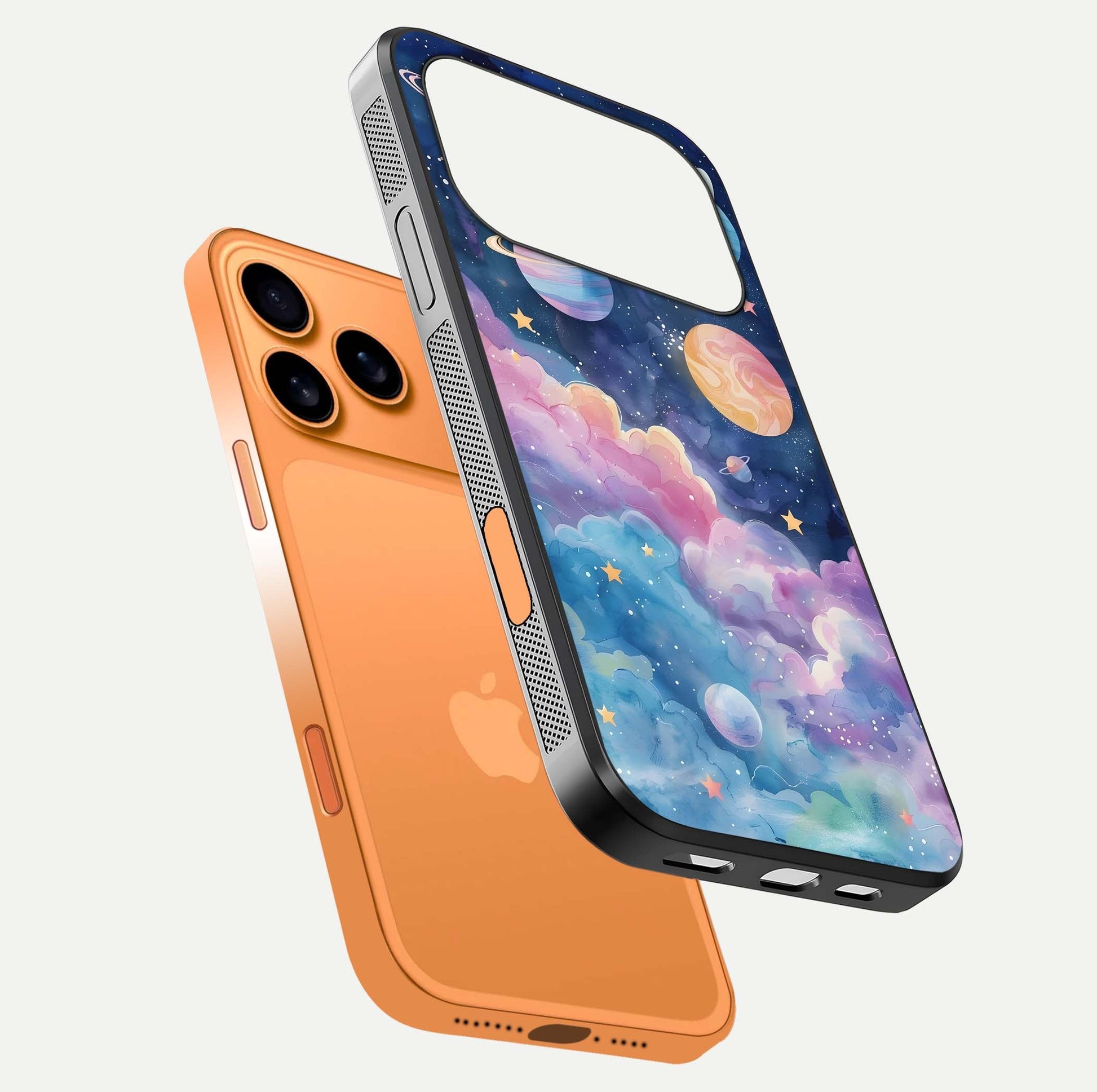 Cosmic Planet Dreams Glass Case for iPhone 17 Pro Max floating mockup showing HD gloss and cosmic reflection