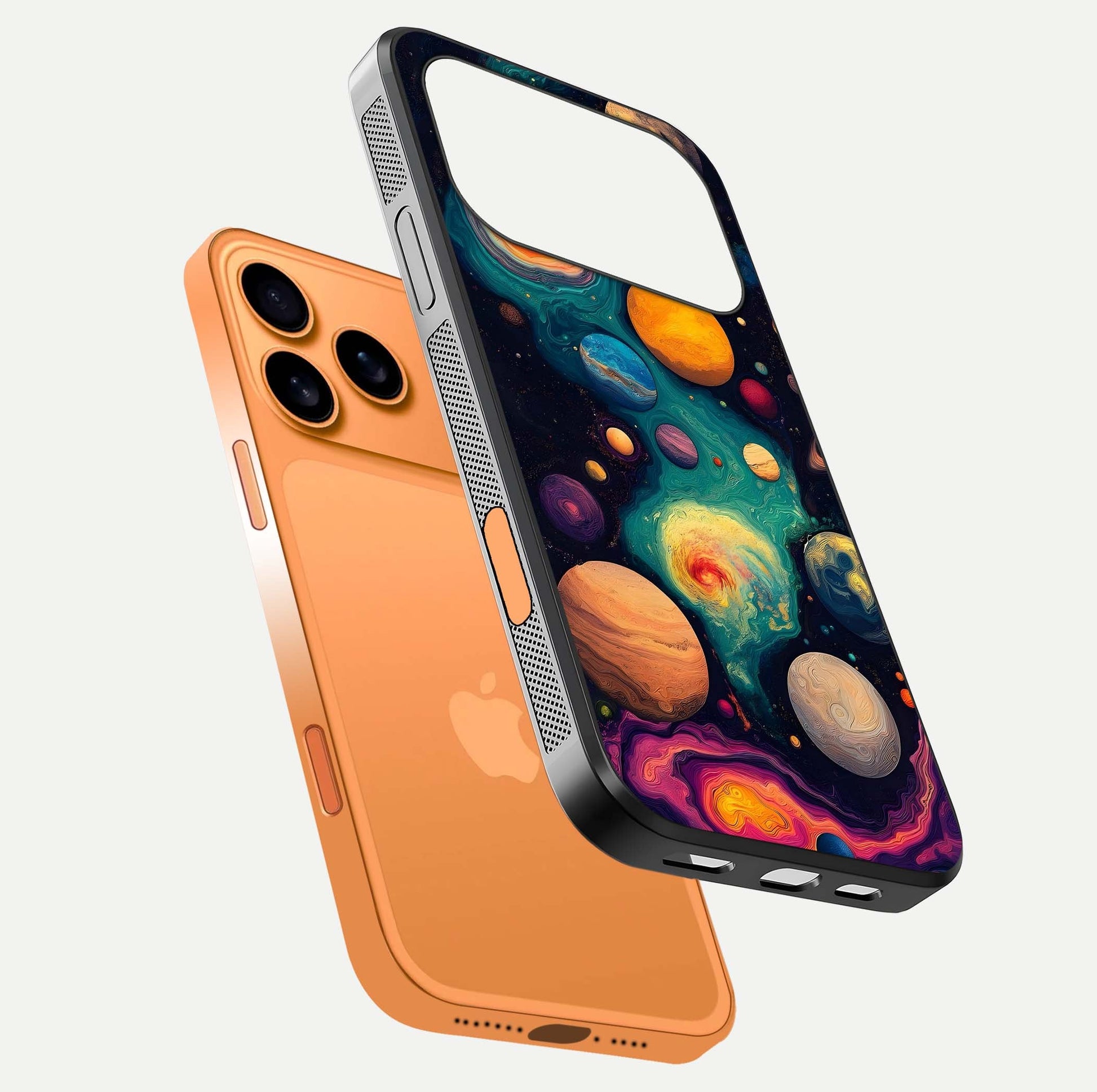 Cosmic Planet Journey Glass Case for iPhone 17 Pro Max floating mockup showing gloss gradient and deep shine