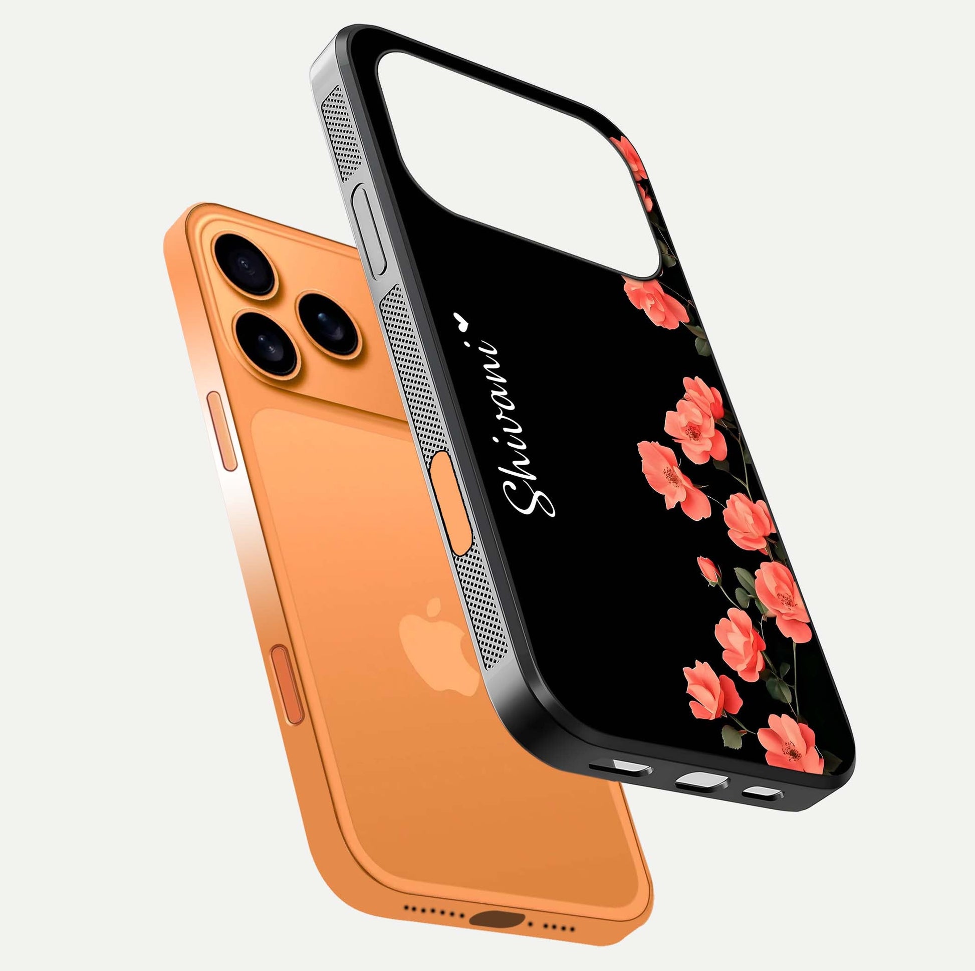 Crimson Bloom Grace Custom Name Glass Case for iPhone 17 Pro Max floating mockup showing HD gloss and floral tones