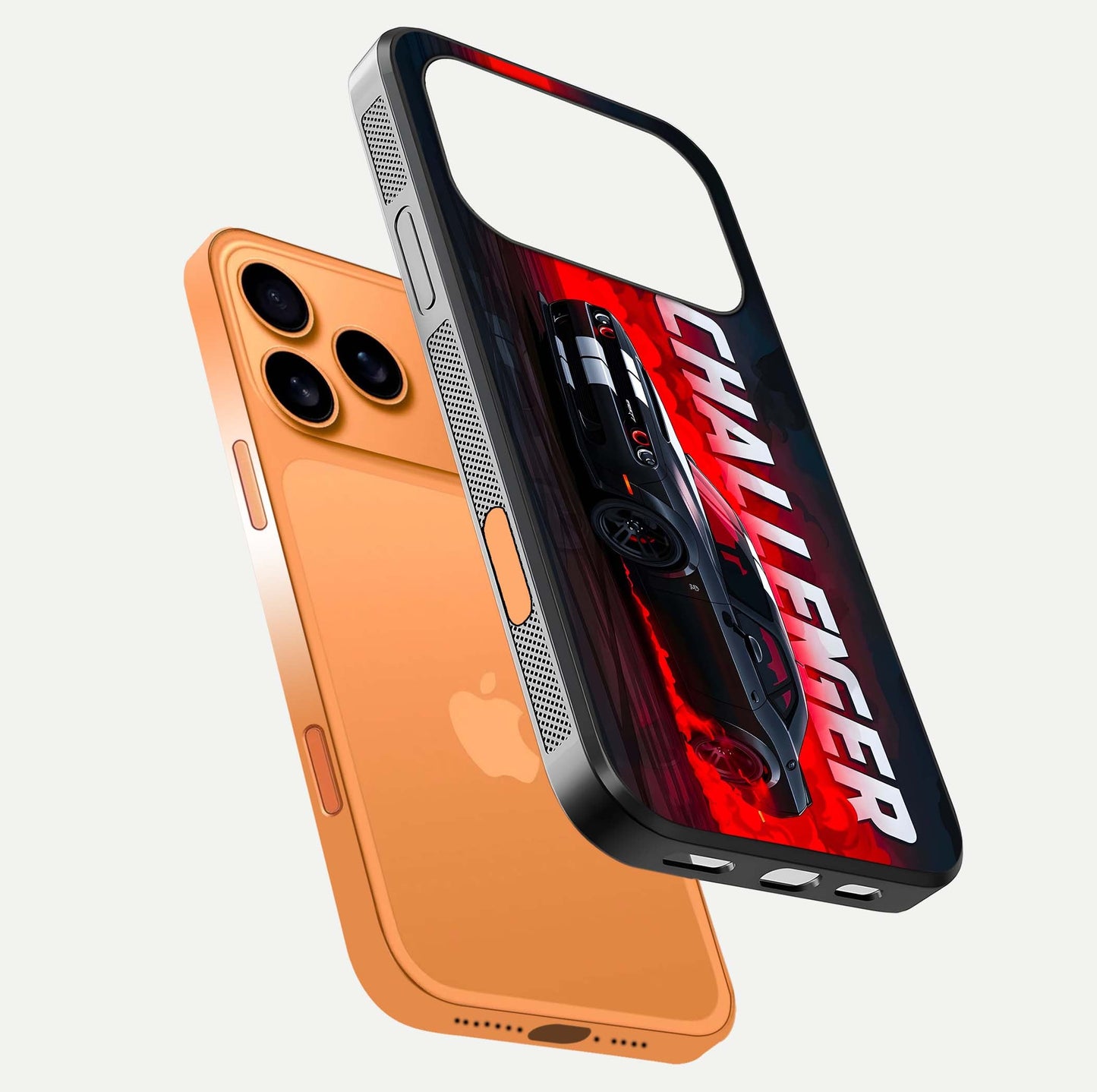 Crimson Challenger Fury Glass Case for iPhone 17 Pro Max floating mockup showing HD gloss and sleek shine