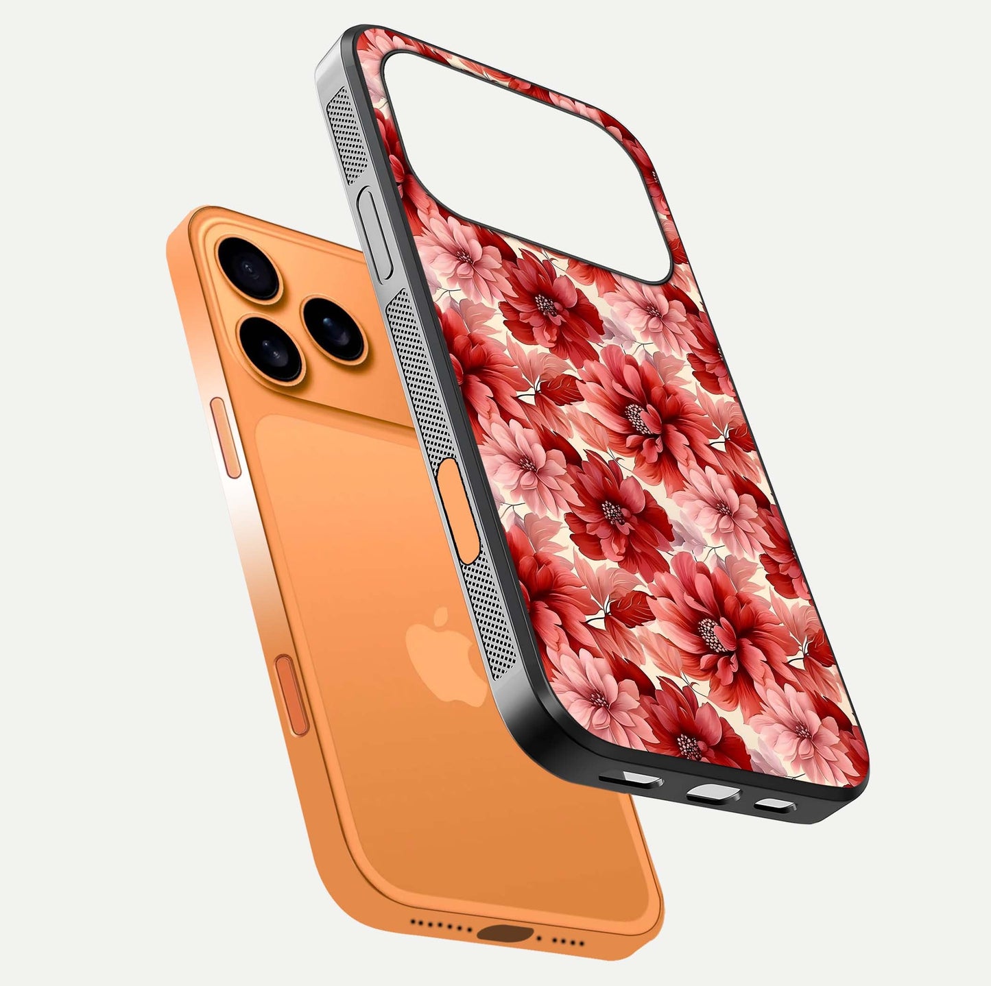 Crimson Love Petals Glass Case for iPhone 17 Pro Max floating mockup showing HD gloss and vivid detail