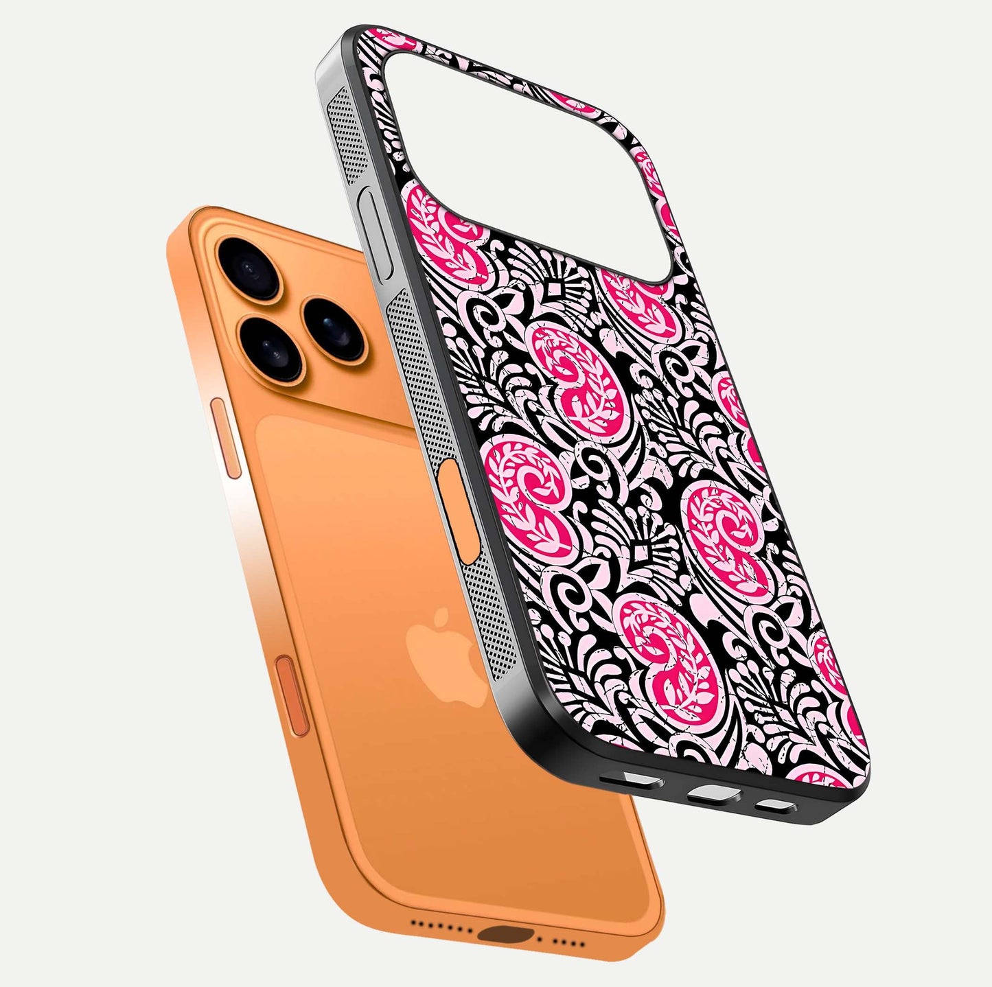 Crimson Paisley Charm Glass Case for iPhone 17 Pro Max floating mockup showing gloss shine and texture clarity