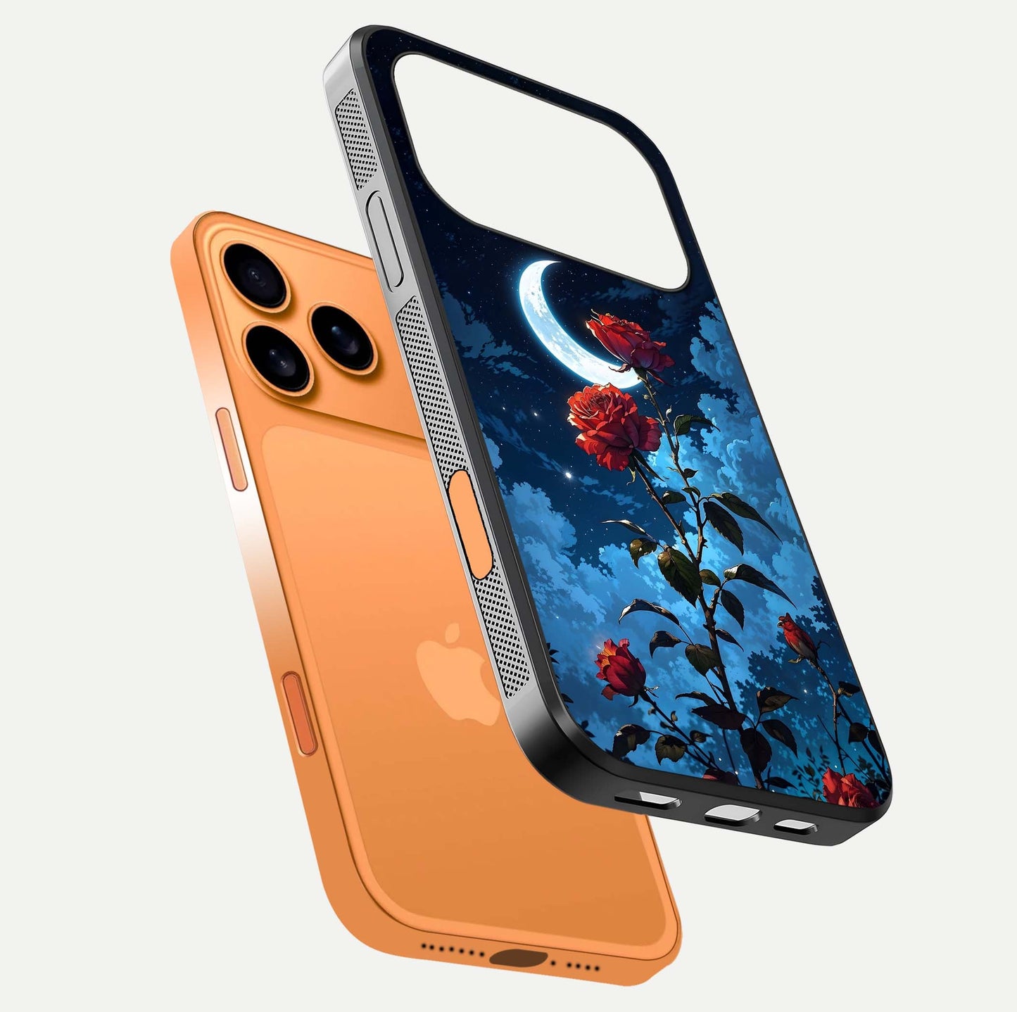 Crimson Rose Moon Glass Case for iPhone 17 Pro Max floating mockup showing HD shine and elegant contrast