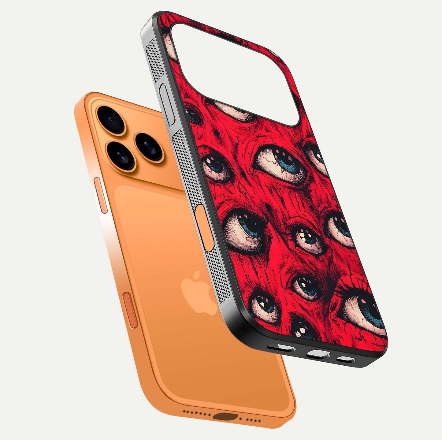 Crimson Watch Eyes Glass Case for iPhone 17 Pro Max floating mockup showing HD polish and bright gloss