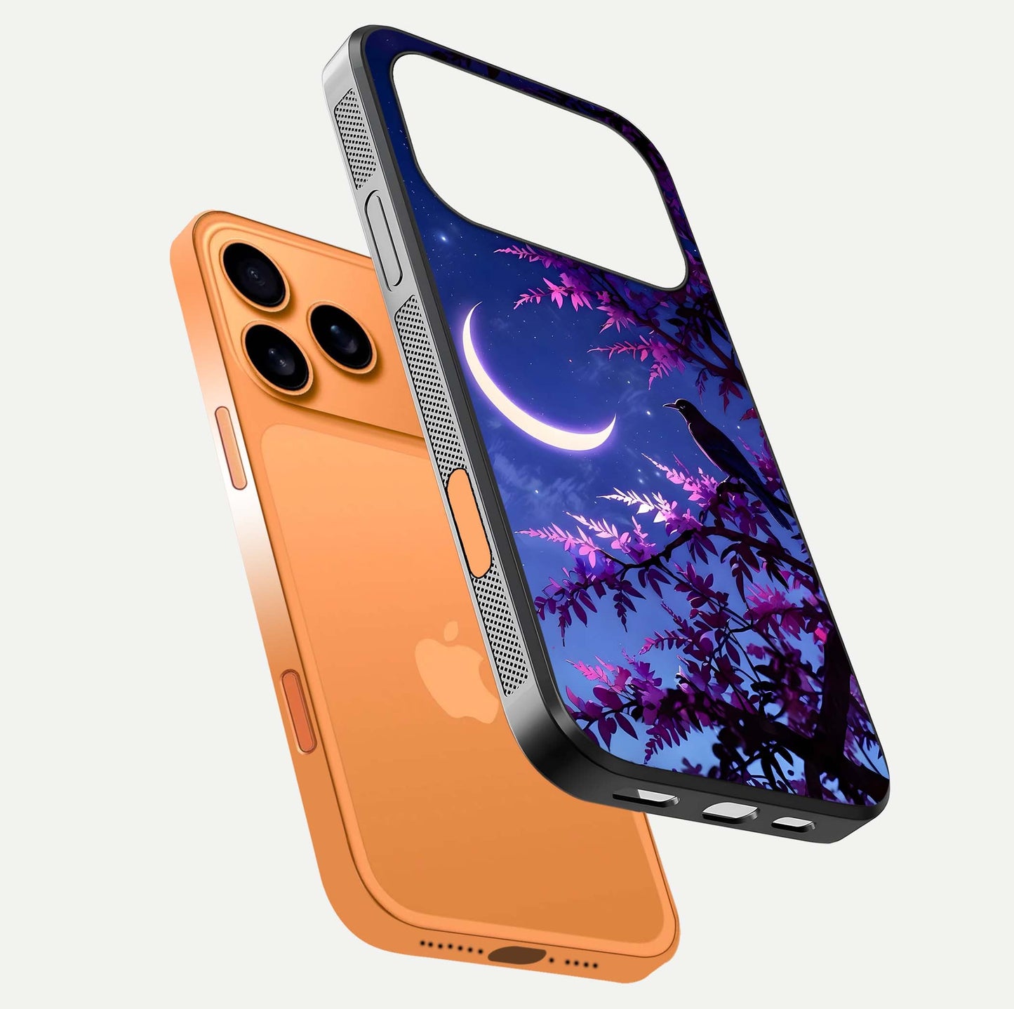 Crow & Moon Scenery Glass Case for iPhone 17 Pro Max floating mockup showing HD gloss texture and soft moonlight glow