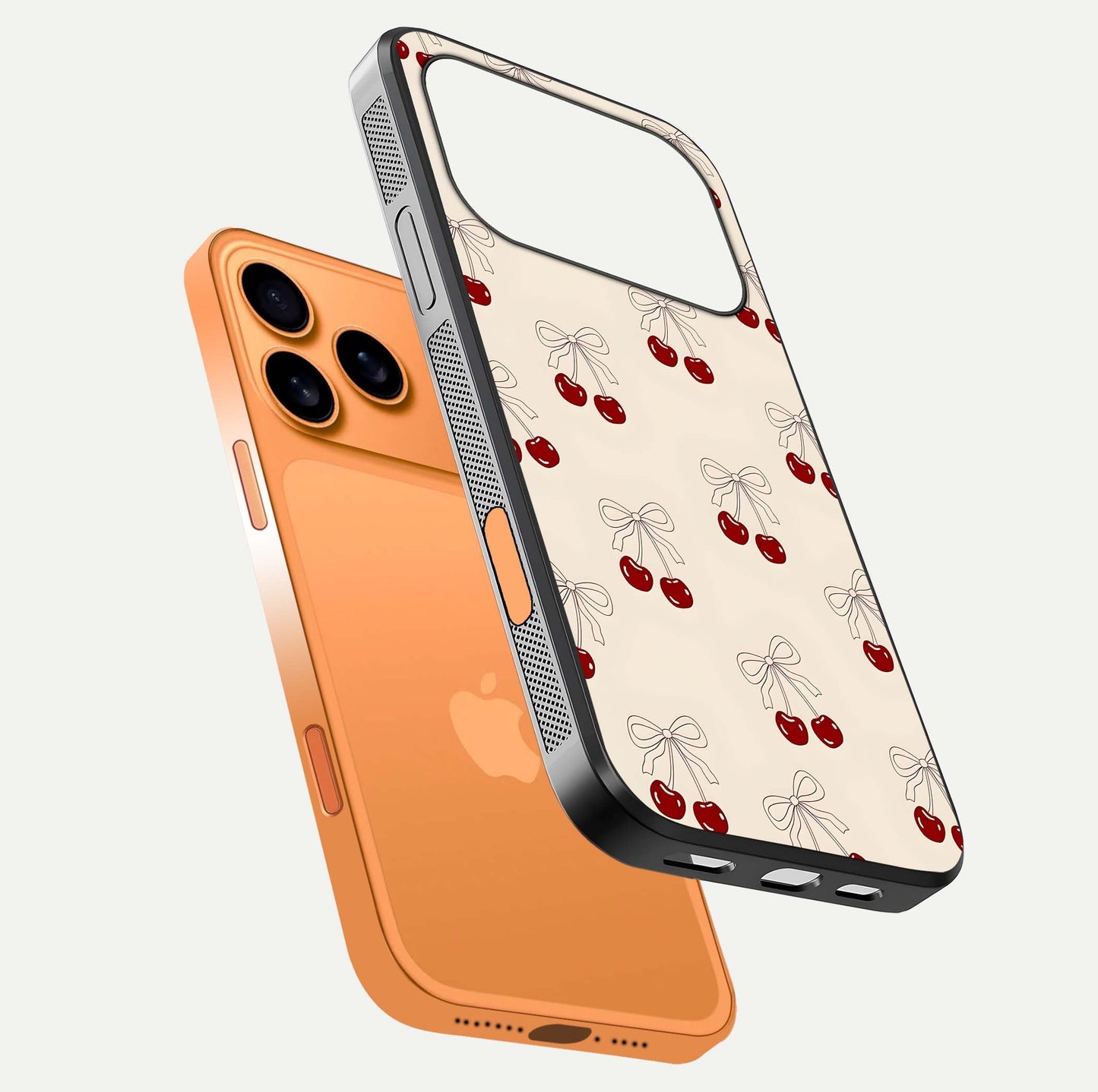 Cute Cherry Pattern Glass Case for iPhone 17 Pro Max floating mockup showing HD gloss shine and clear tones