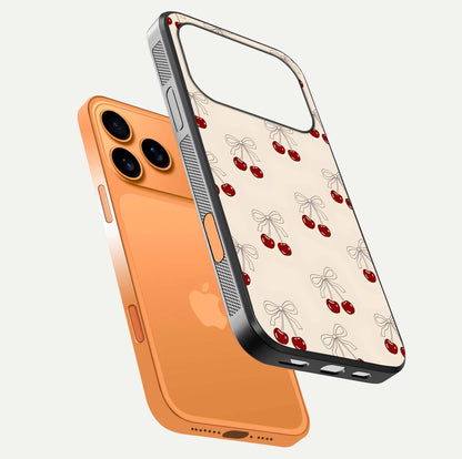 Cute Cherry Pattern Glass Case for iPhone 17 Pro Max floating mockup showing HD gloss shine and clear tones