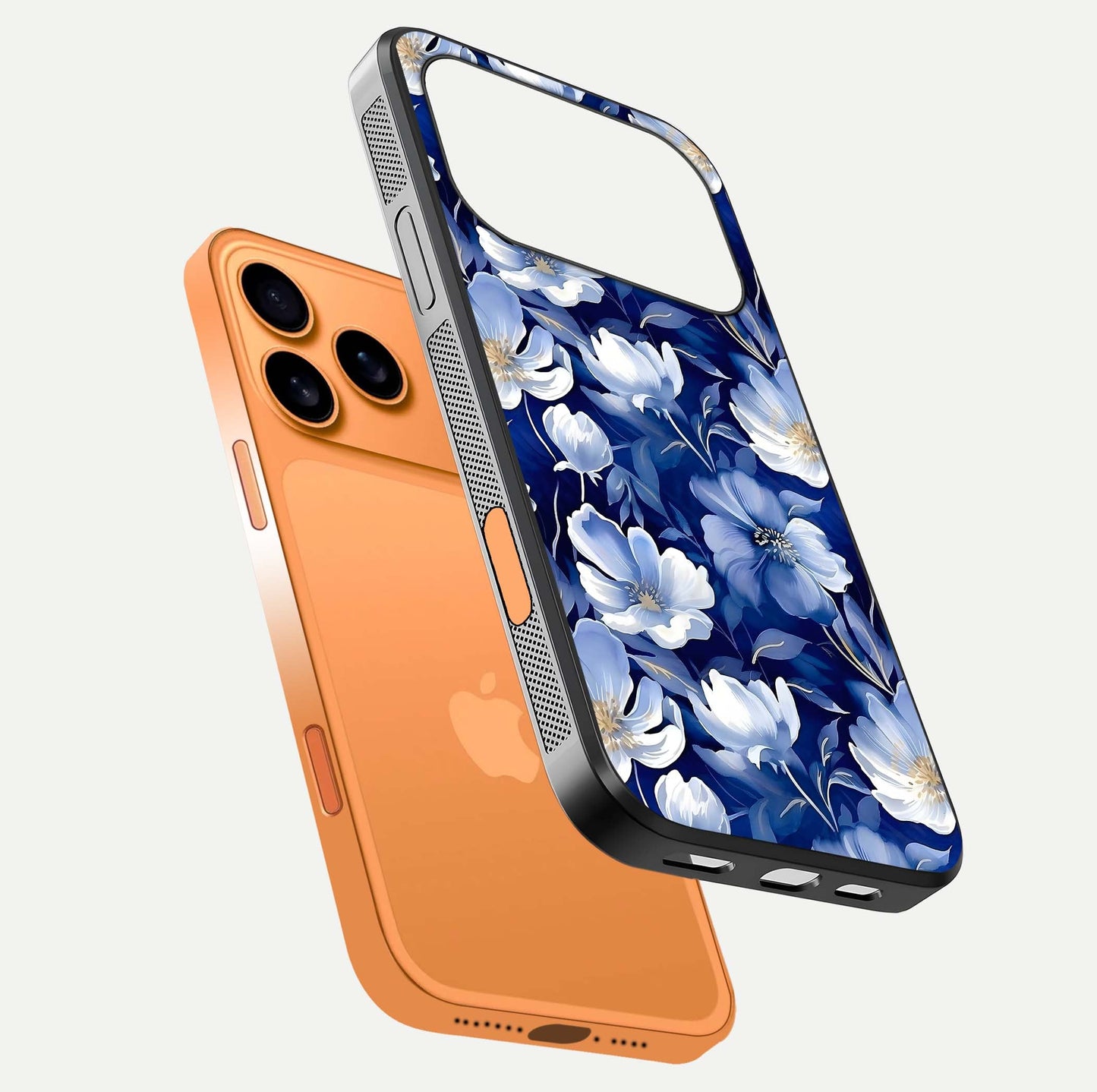 Cute Floral Patterns Glass Case for iPhone 17 Pro Max floating mockup showing shine depth and design clarity