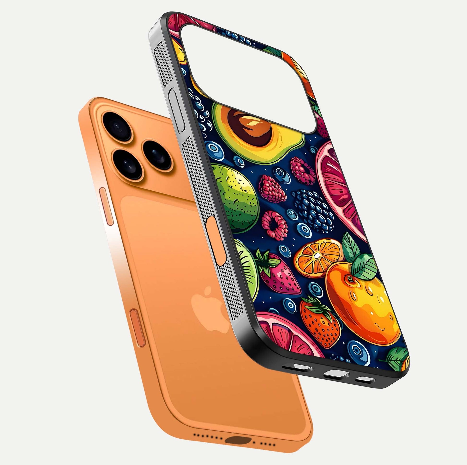 Cute Fruits Art Glass Case for iPhone 17 Pro Max floating mockup showing gloss brightness and vivid artwork