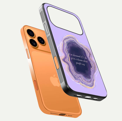 Damned People Quote Glass Case for iPhone 17 Pro Max floating mockup showing gloss reflection and text balance