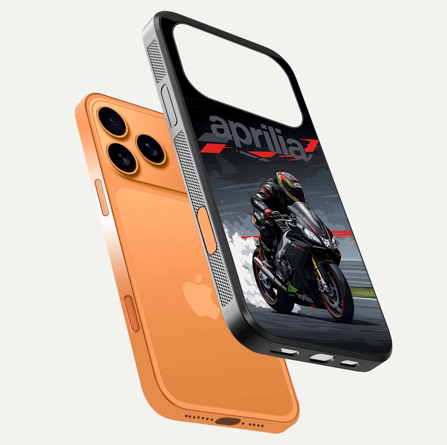 Dark Aprilla Glass Case for iPhone 17 Pro Max floating mockup showing glossy contrast and texture clarity