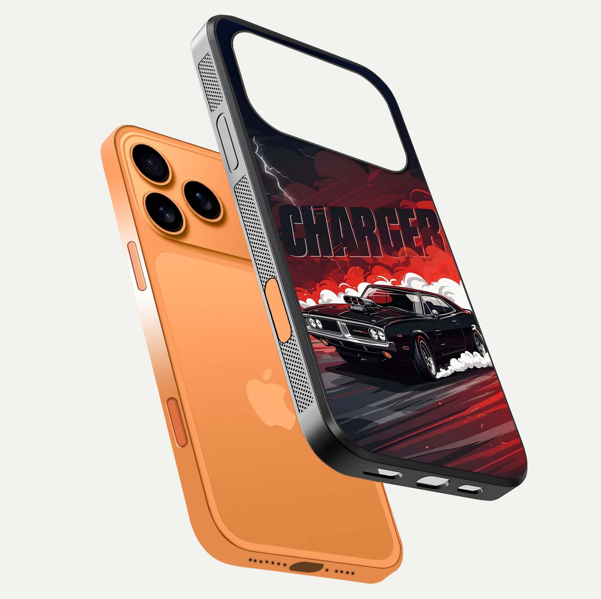Dark Charger Fury Glass Case for iPhone 17 Pro Max floating mockup showing reflection depth and shiny surface