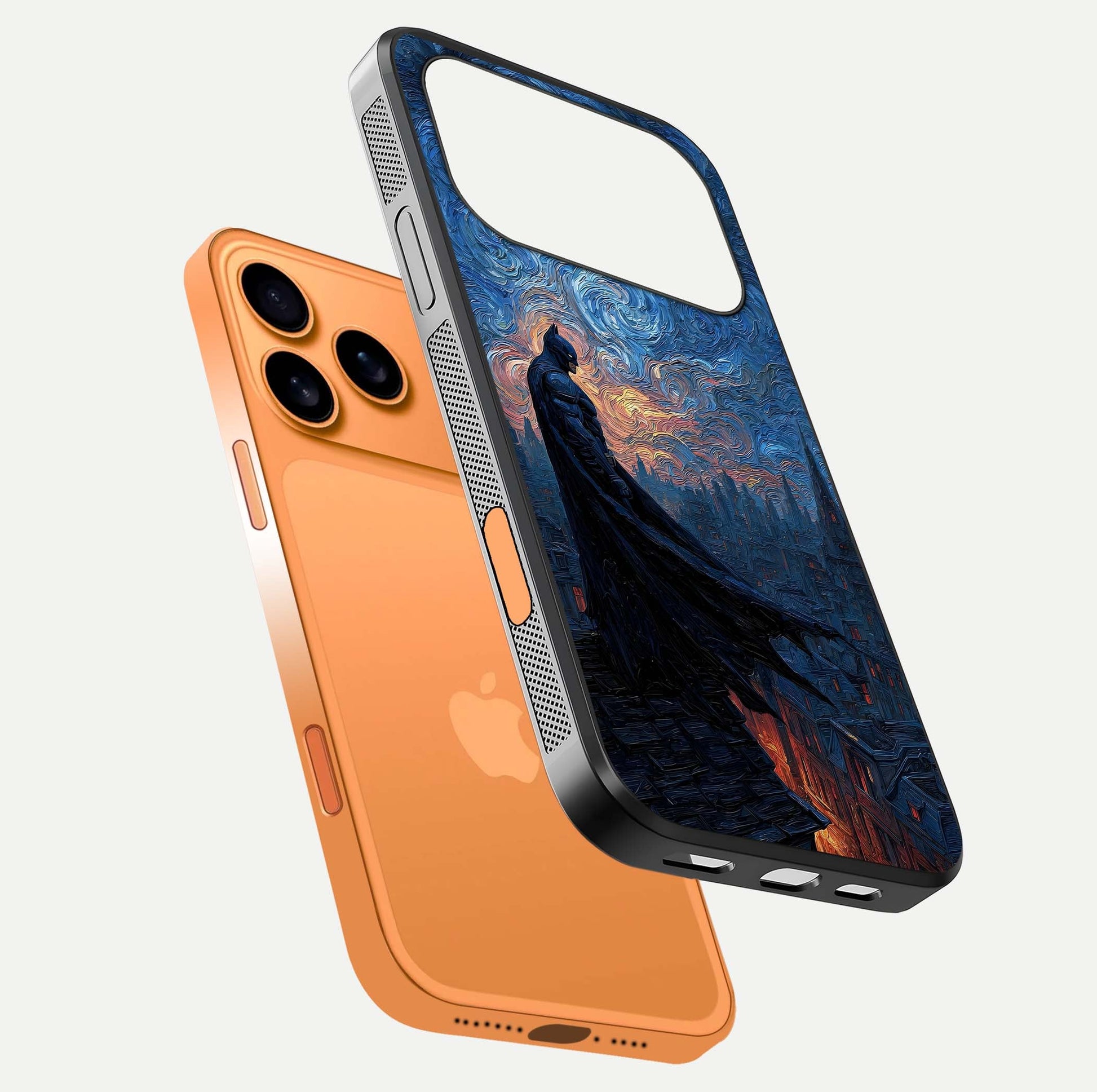 Dark Knight Dusk Glass Case for iPhone 17 Pro Max floating mockup showing glossy depth and cinematic lighting