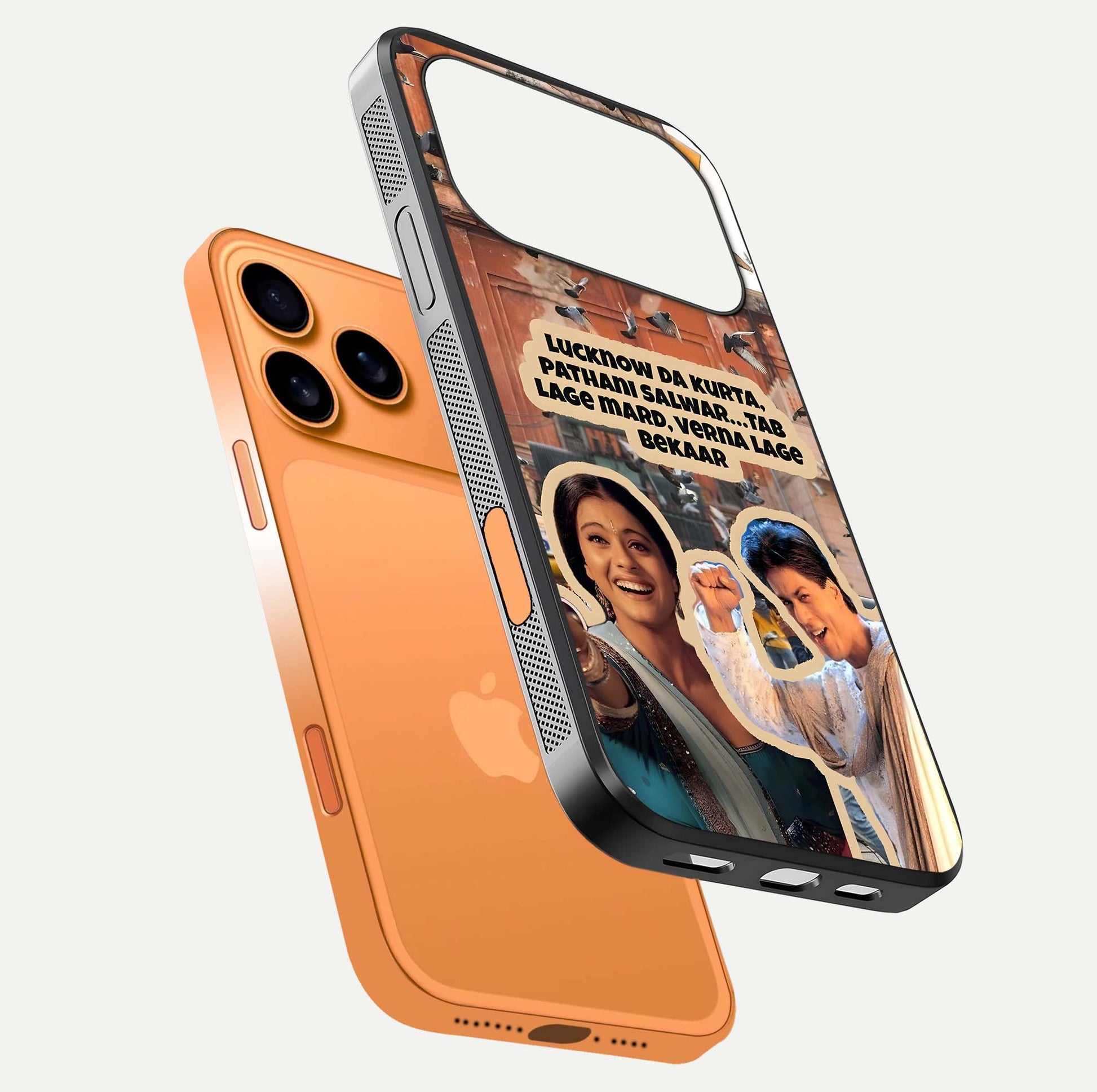 Desi Retro Vibes Glass Case for iPhone 17 Pro Max floating mockup showing shine polish and vivid tones