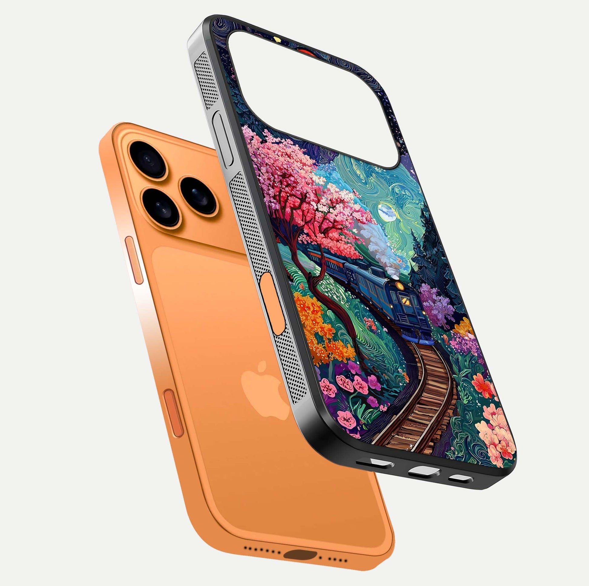 Digital Art Glass Case for iPhone 17 Pro Max floating mockup showing HD gloss and smooth reflection