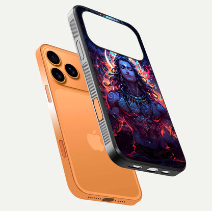 Divine Fire Shiv Glass Case for iPhone 17 Pro Max floating mockup showing glow texture and gloss finish