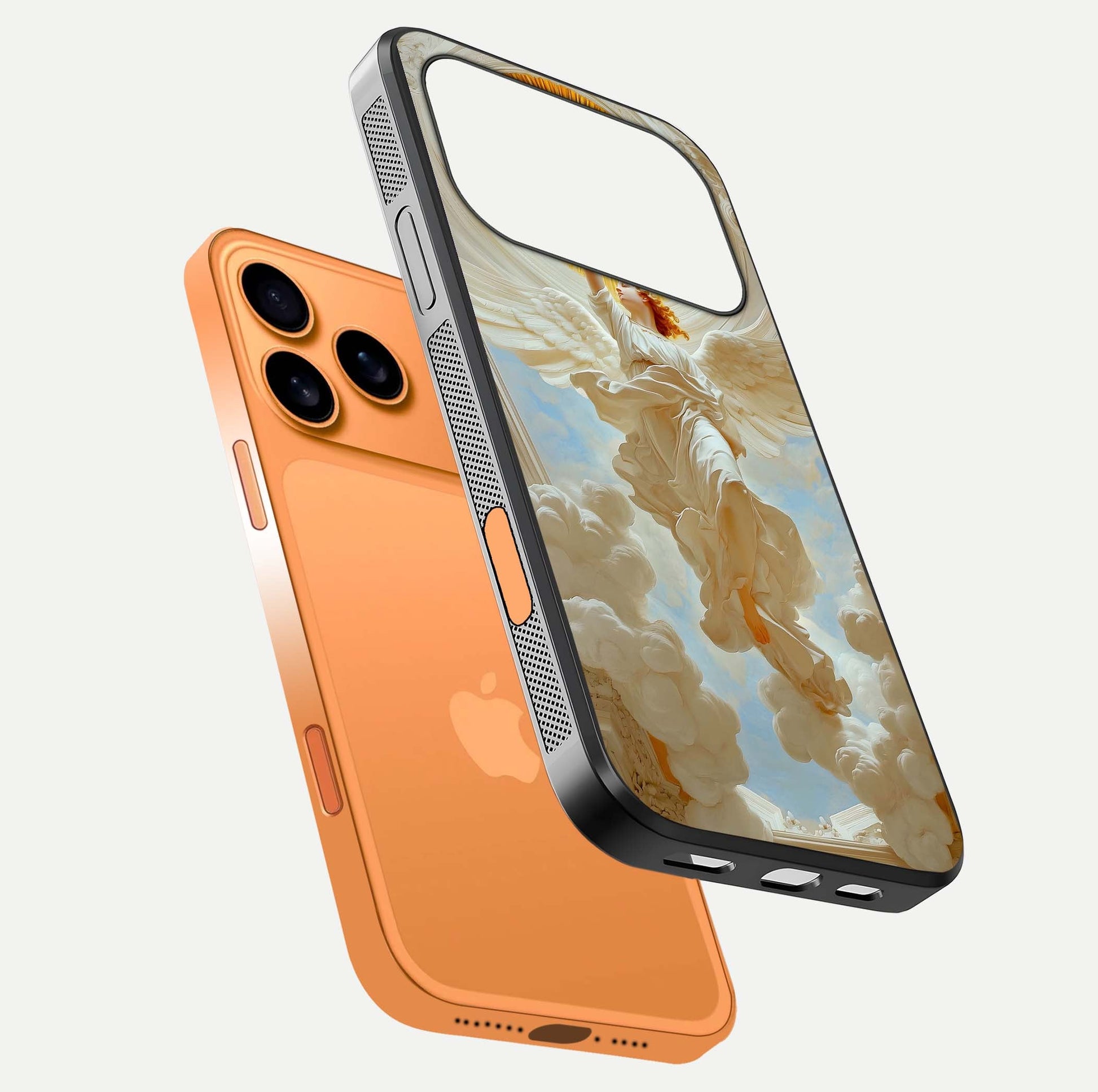 Divine Light Angel Glass Case for iPhone 17 Pro Max floating mockup showing gloss texture and radiant light