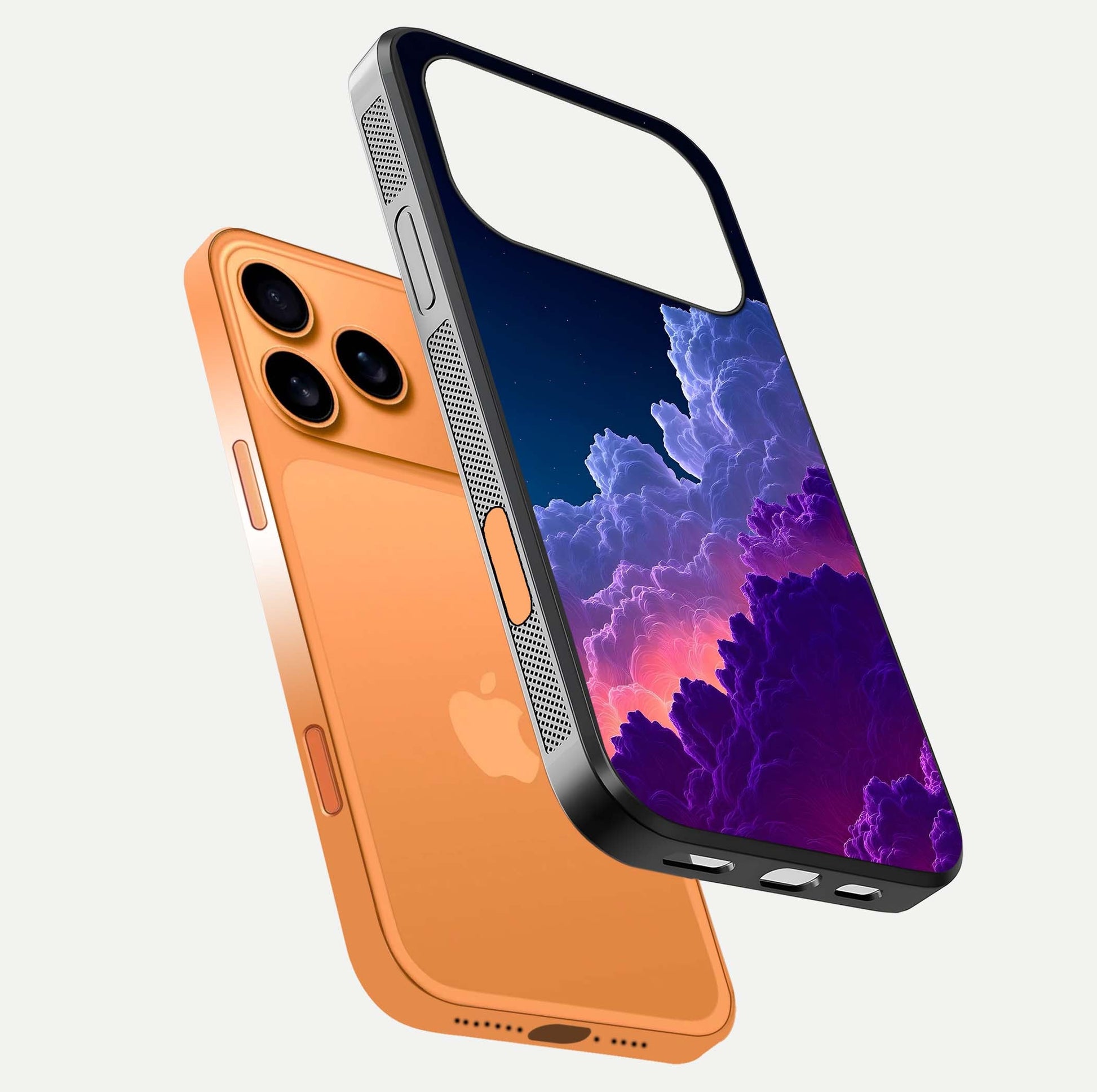 Dreamy Cloud Skies Glass Case for iPhone 17 Pro Max floating mockup showing glossy depth and delicate tone
