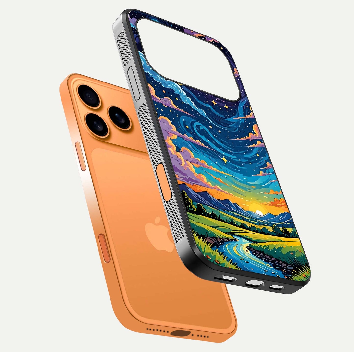 Dreamy Night Landscape Glass Case for iPhone 17 Pro Max floating mockup showing glossy depth and serene color