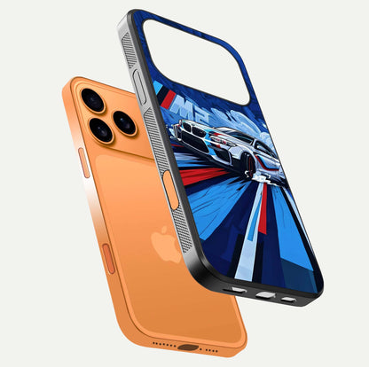 Drift Power Rush Glass Case for iPhone 17 Pro Max floating mockup showing gloss polish and speed-theme design