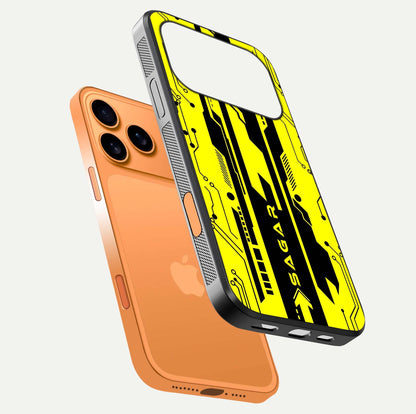 Electric Pulse CYBERPUNK Custom Name Glass Case for iPhone 17 Pro Max floating mockup showing HD gloss and vibrant cyberpunk glow