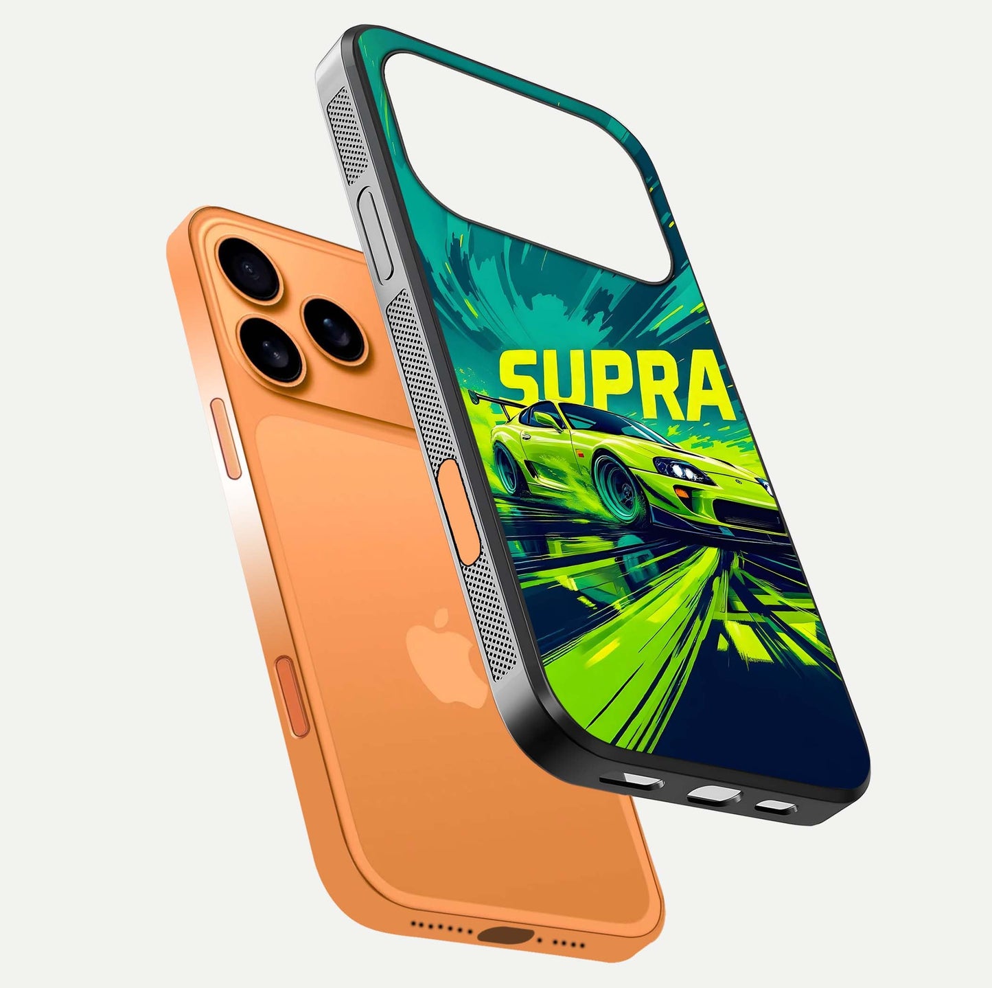 Electric Supra Thunder Glass Case for iPhone 17 Pro Max floating mockup showing gloss depth and energy glow