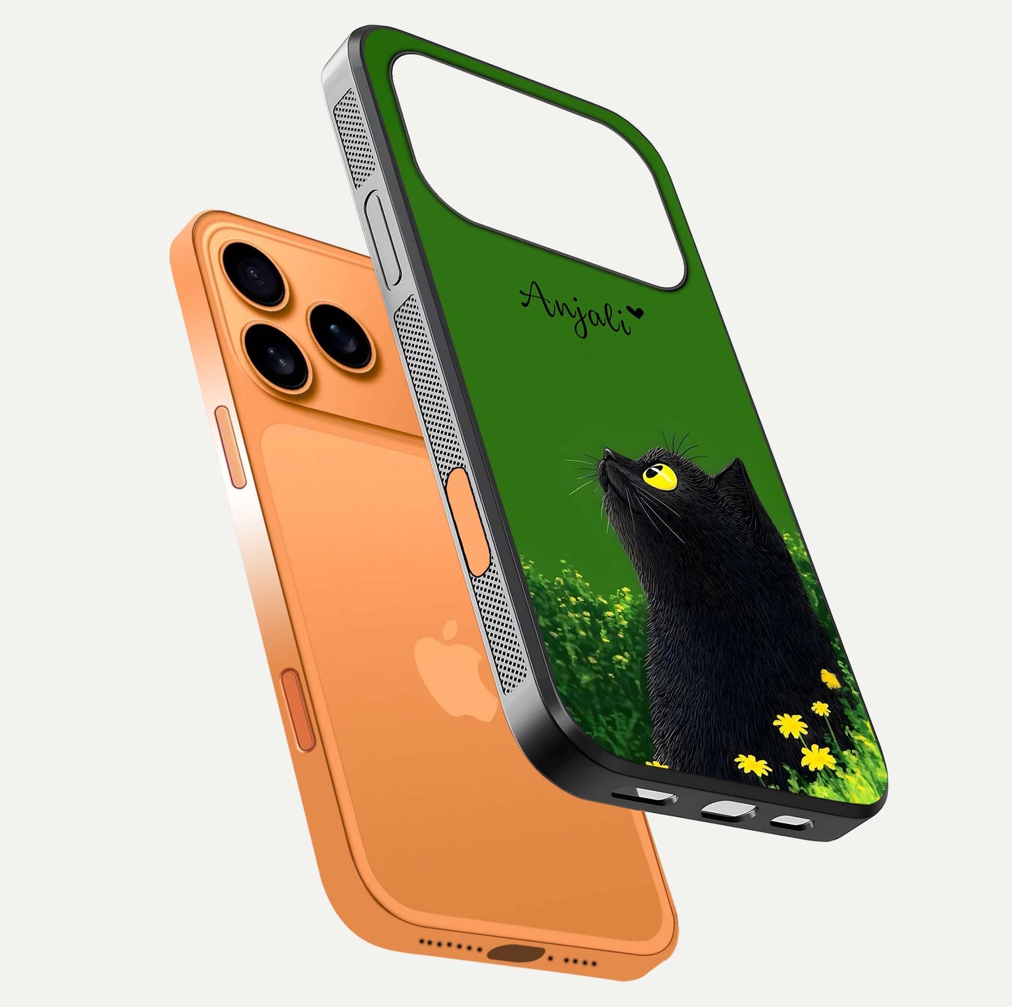 Emerald Cat Custom Name Glass Case for iPhone 17 Pro Max floating mockup showing HD gloss and soft gradient