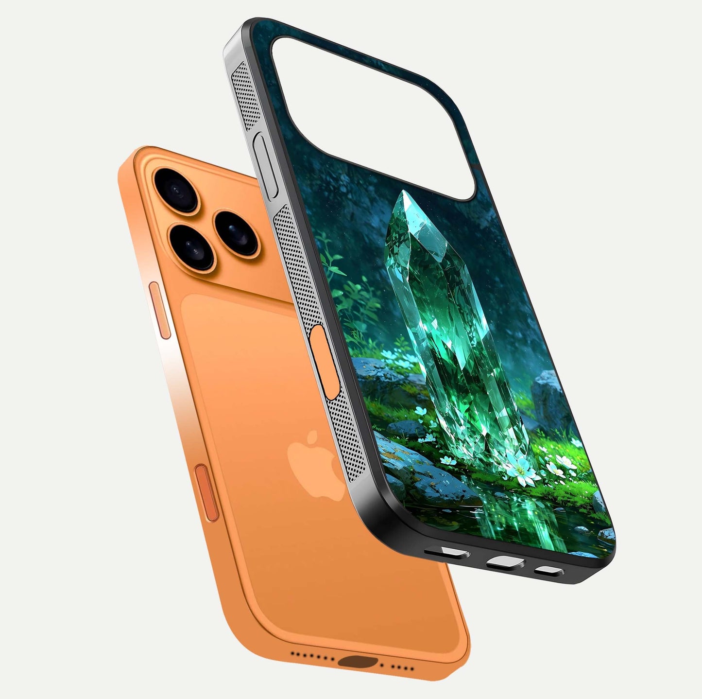 Emerald Light Crystal Glass Case for iPhone 17 Pro Max floating mockup showing glossy finish and radiant light pattern