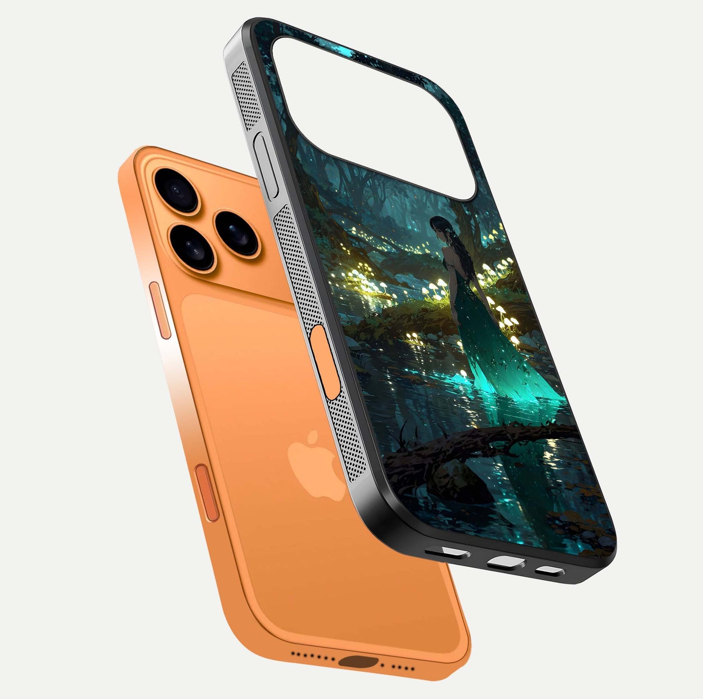 Enchanted Forest Glow Glass Case for iPhone 17 Pro Max floating mockup showing gloss polish and fantasy vibe