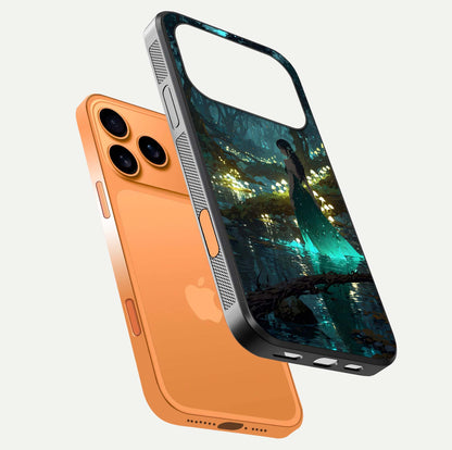 Enchanted Forest Glow Glass Case for iPhone 17 Pro Max floating mockup showing gloss polish and fantasy vibe