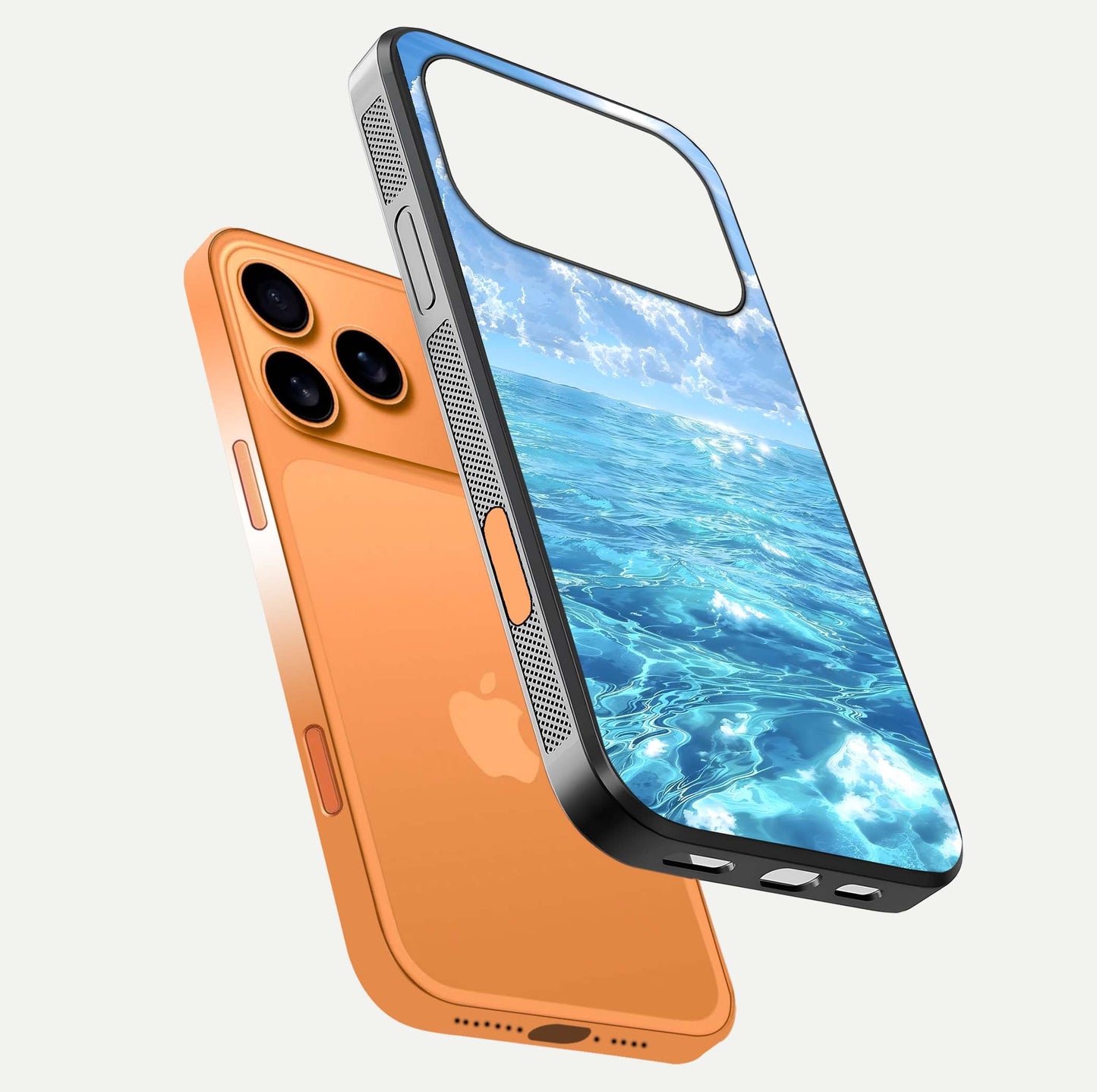 Endless Ocean Horizon Glass Case for iPhone 17 Pro Max floating mockup showing HD gloss and tranquil color